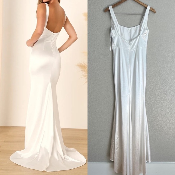Sensational Promise White Satin Square Neck Mermaid Maxi - Picture 3 of 12